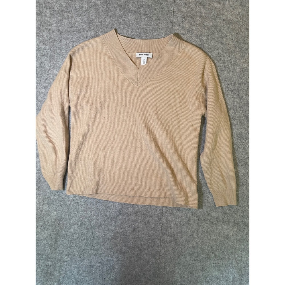 Nine West Jeans Tan Beige Ribbed V-Neck Sweater Women Medium Pullover